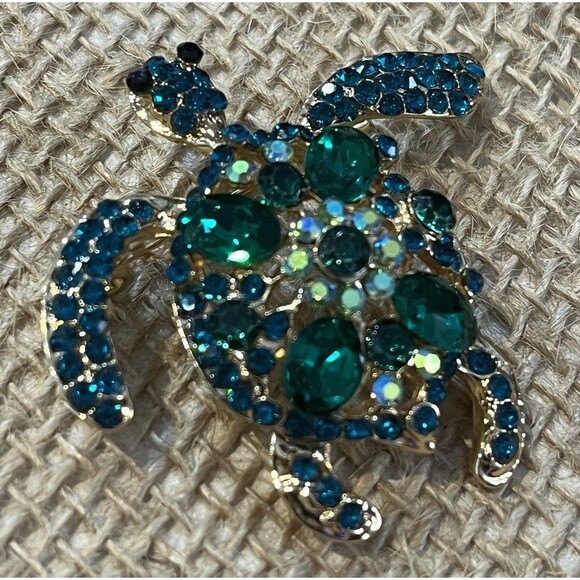 Turtle Brooch Pendant Ocean Creature Green Rhinestone Tortoise Turtle Lovers - Picture 2 of 9